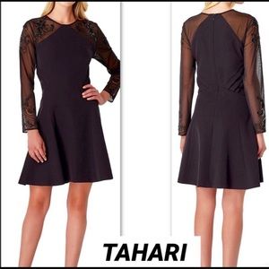 TAHARI Sheer Embroidered Beaded Sleeves Dress, SZ6